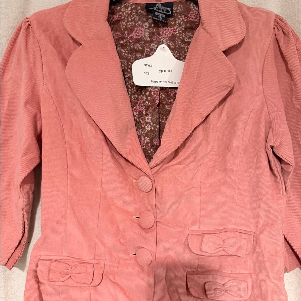 Angie Peach Corduroy Blazer with Bow-Flap Pockets